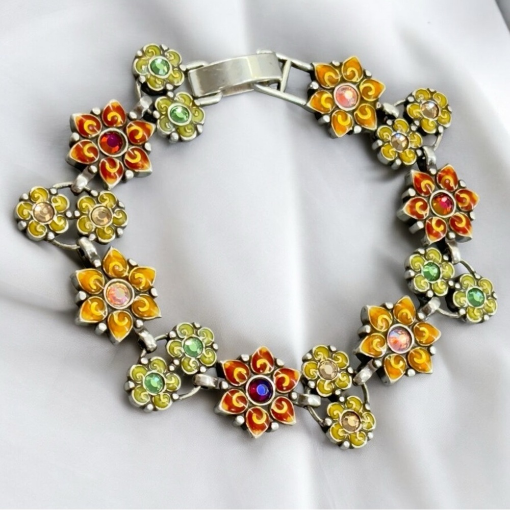 BRIGHTON Garden of Eden Multicolor Enamel & Crystal Flower Link Bracelet  7.25"